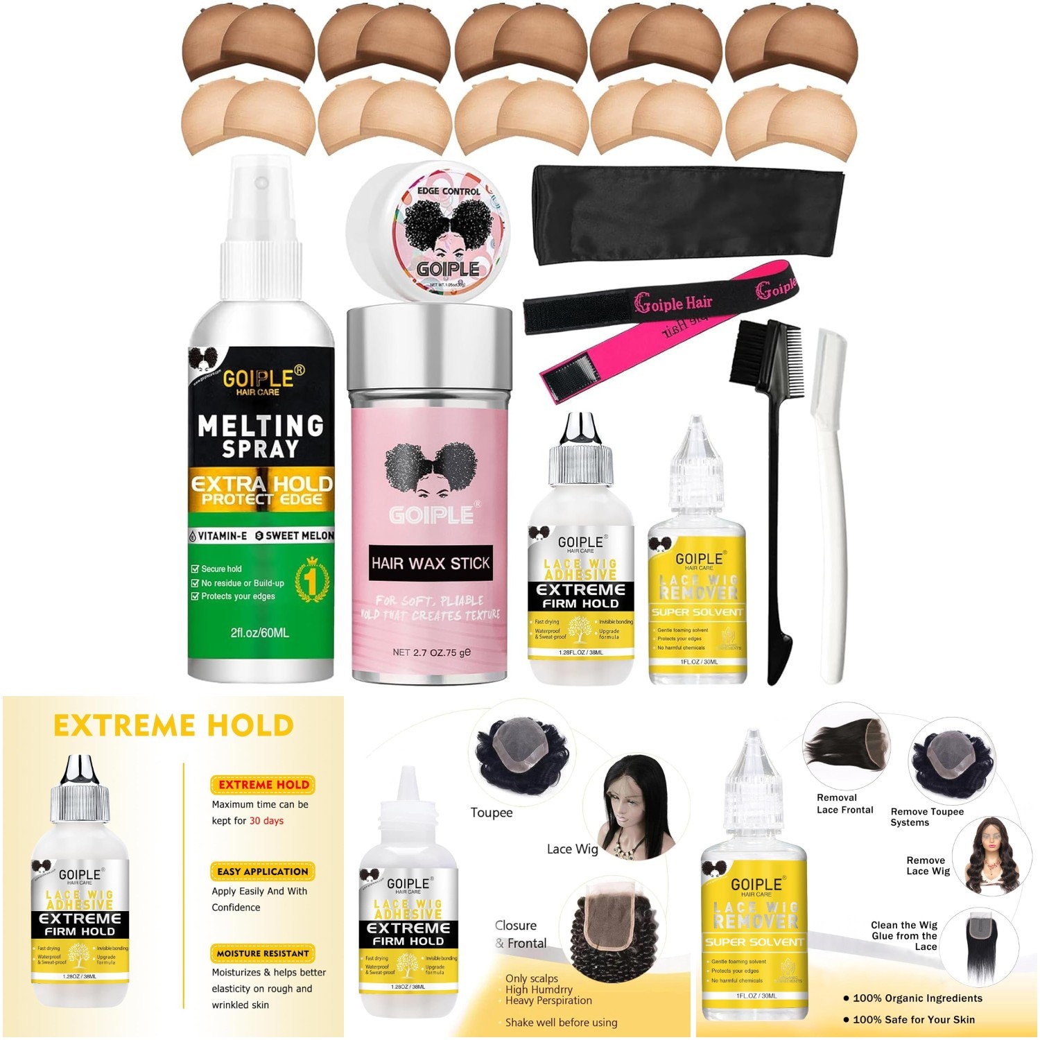 Wig Accessory Kit Lace Front Glue Remover Caps Elastic Band Wax Stick Edge