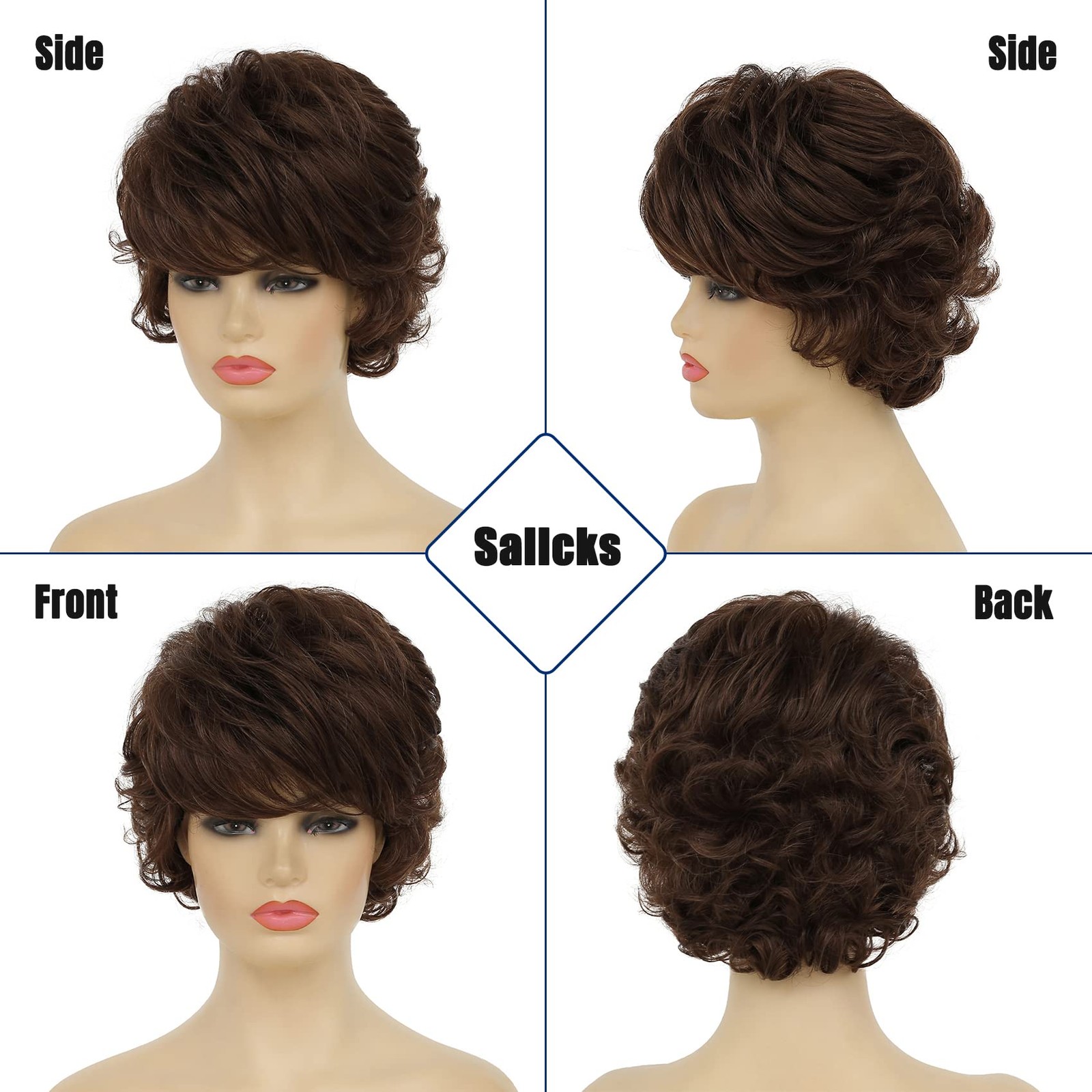 Sallcks Short Curly Brown Wig For Women Soft Synthetic Heat Resistant Hair