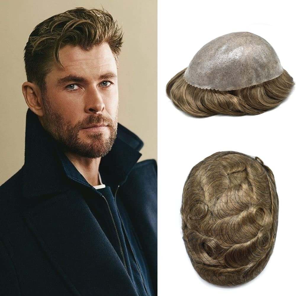 Mens Toupee Human Hair Systems Full Poly Thin Skin Hair Piece Replacement 0.1MM