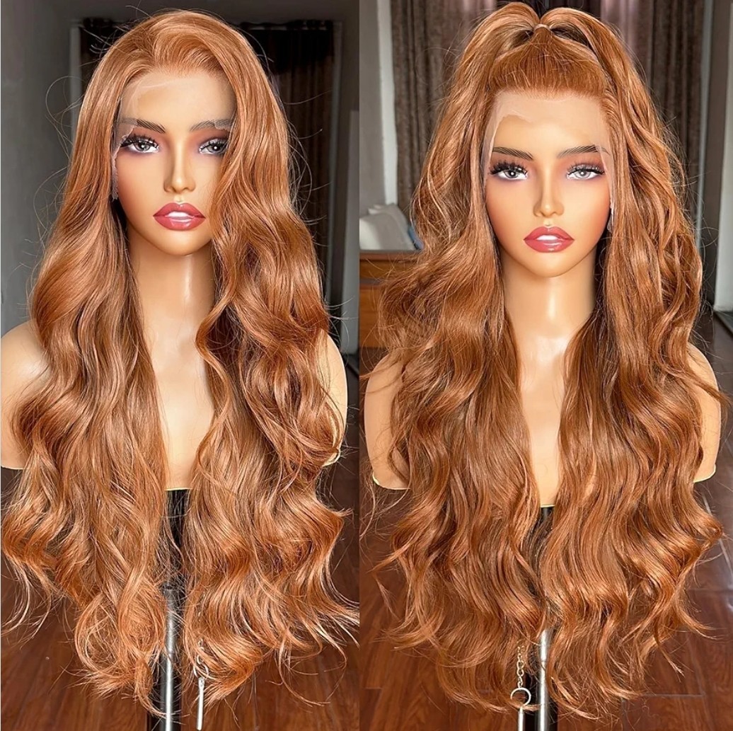Long HD Transparent Lace Front Wig Auburn Red Red Blonde Human Hair Wavy Curls