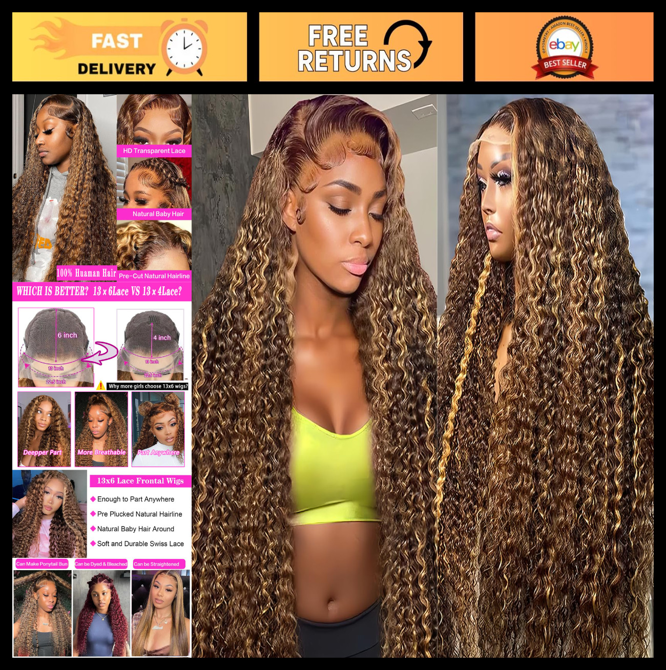 30″ Ombre Lace Front Wig Human Hair 200% Density 13×6 Honey Blonde Deep Wave HD