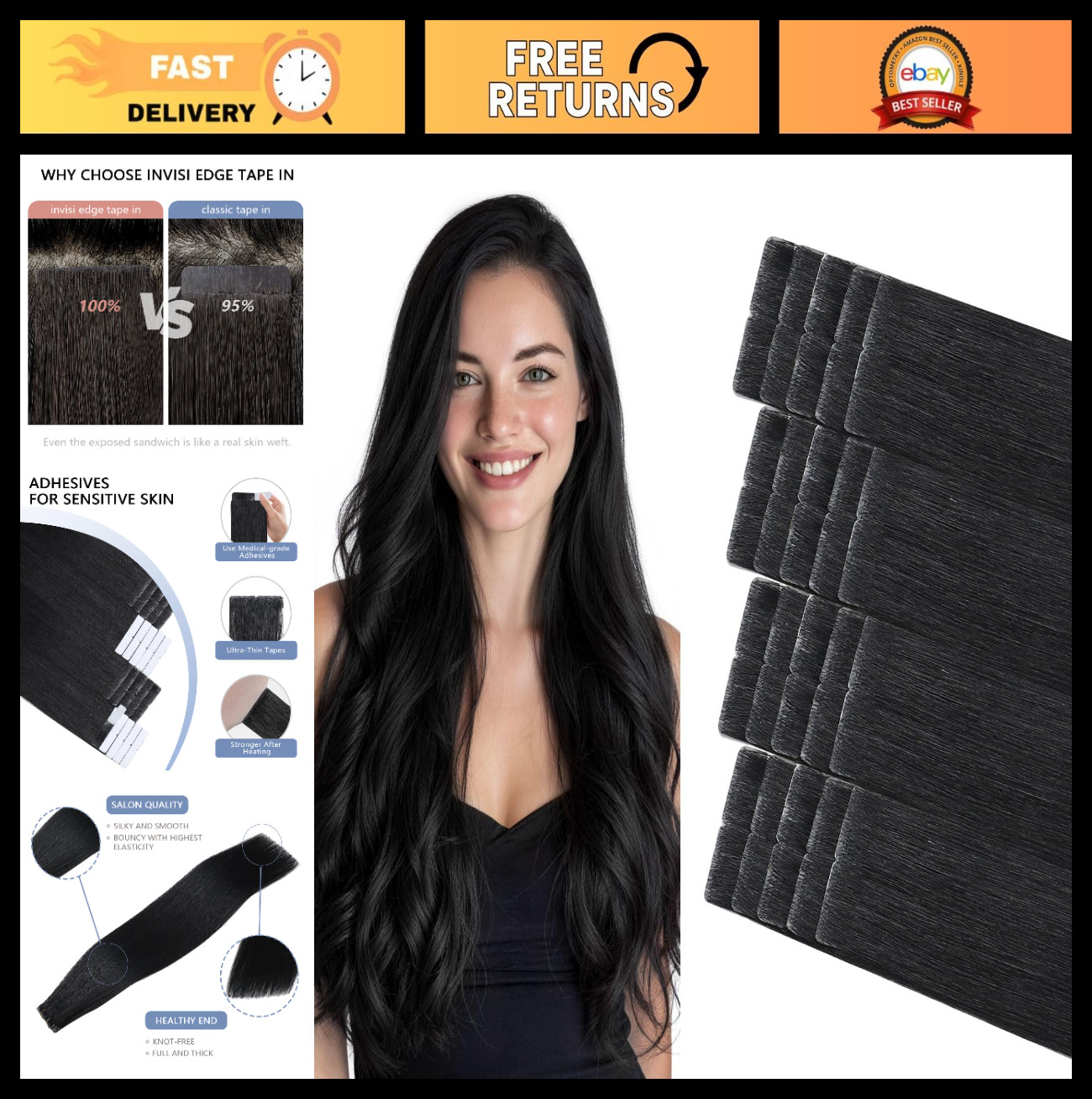 Invisible Seamless Tape-In Hair Extensions, Jet Black, 16 Inch, 20 Pcs, 35g Huma