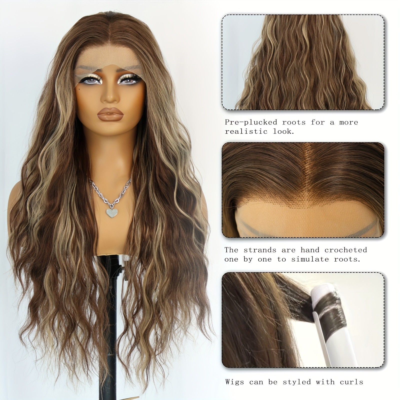 Glueless Long Curly Wave Lace Front Wigs Brown Hair Blonde Highlights Ombre Wig