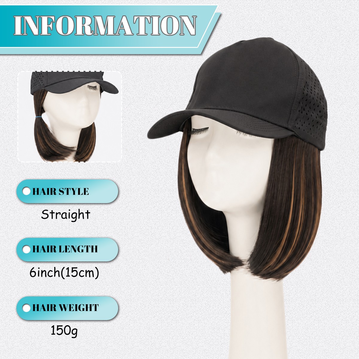 Cap Hat Bob Wig with 6″ Synthetic Straight Hair Adjustable Cap Baseball Hat Wig