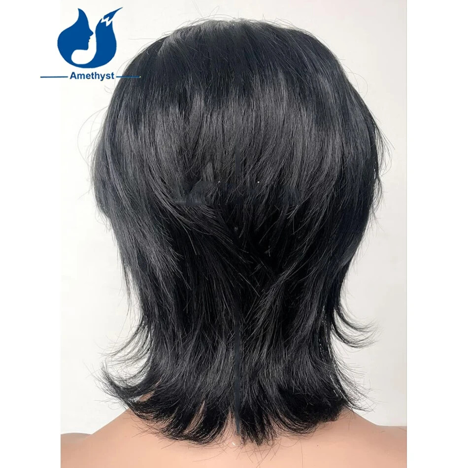 Layered Men’s Mullet Wig Lace Front Human Hair Remy Brazilian Wig Curtain Bangs