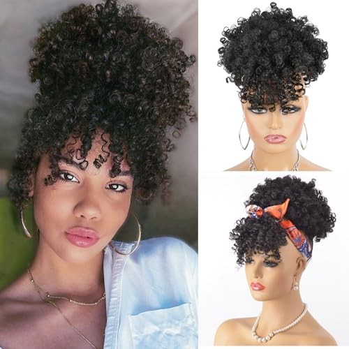 Afro Puff Drawstring Ponytail with Bangs for Black Women, Short 12 Inch 1B
