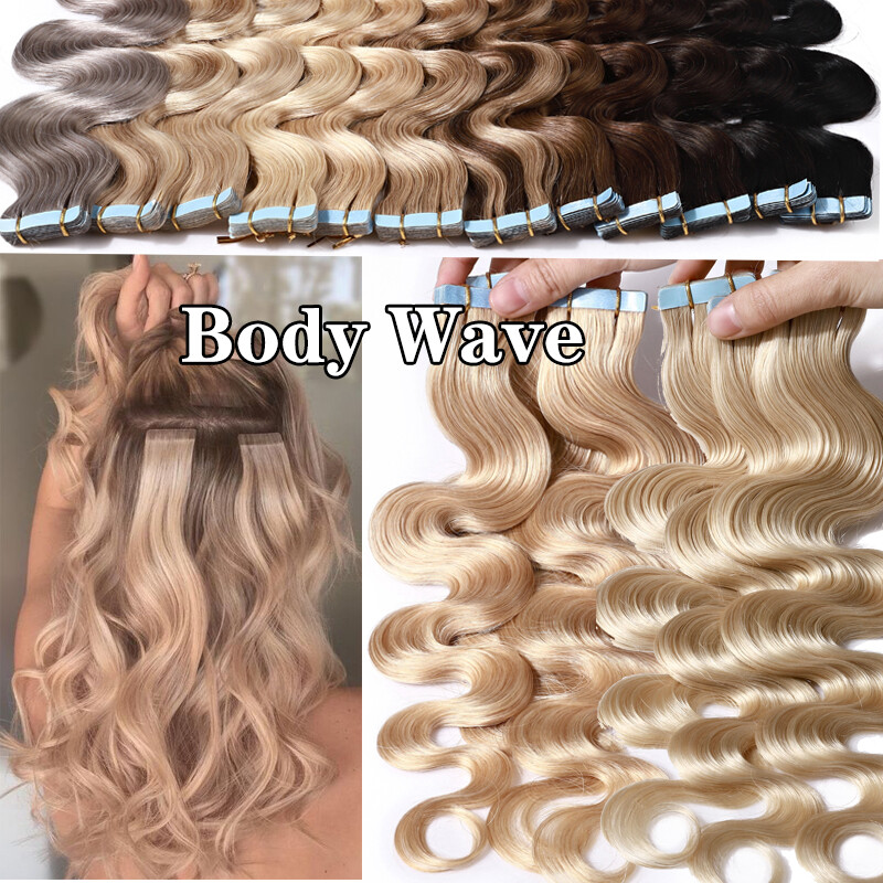 Skin Weft Remy Real Human Hair Extensions Tape In Full Head 200g WAVY Balayage