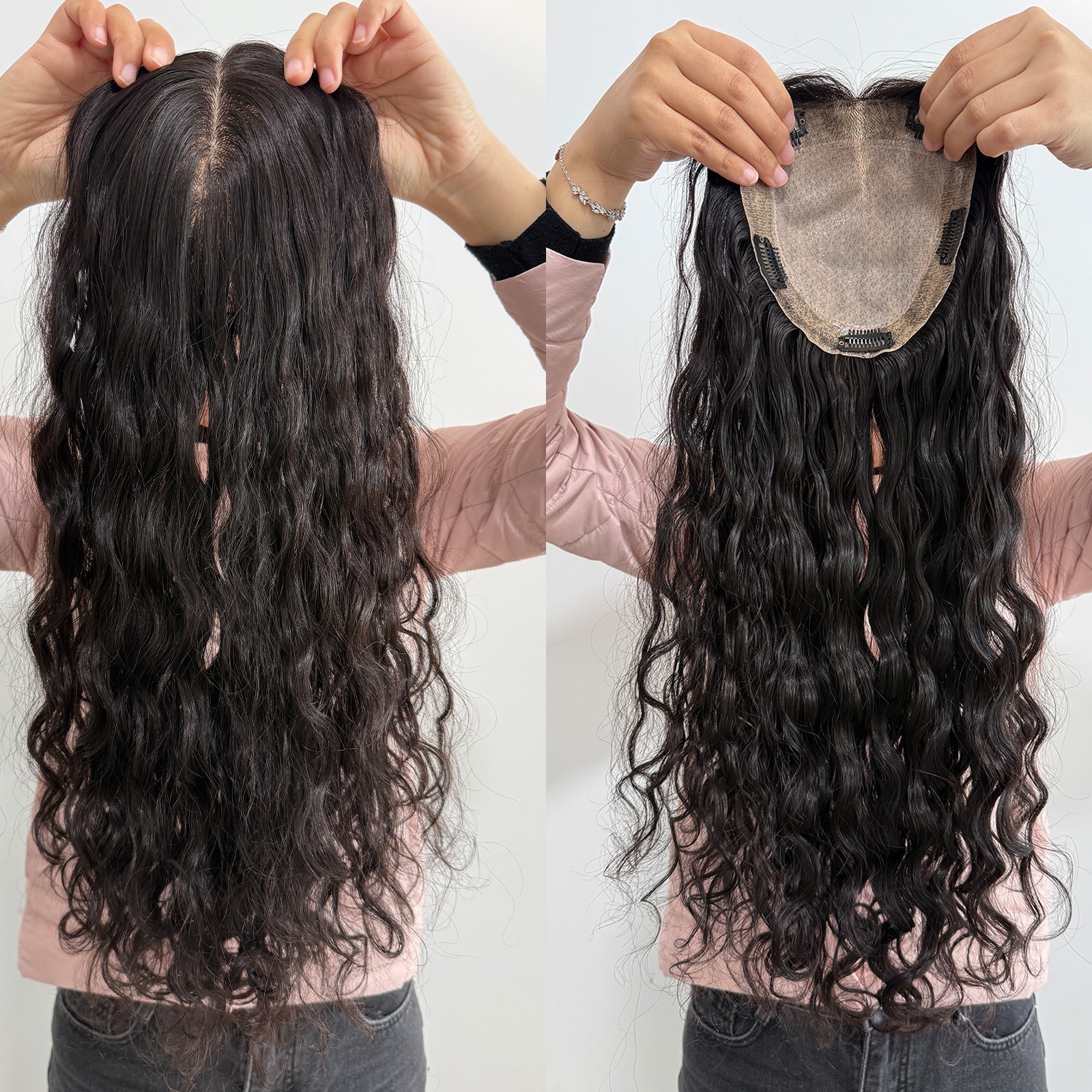 150% Desnity Wavy #1b Black Silk Base Topper 15x16cm Real Human Hair For Woman