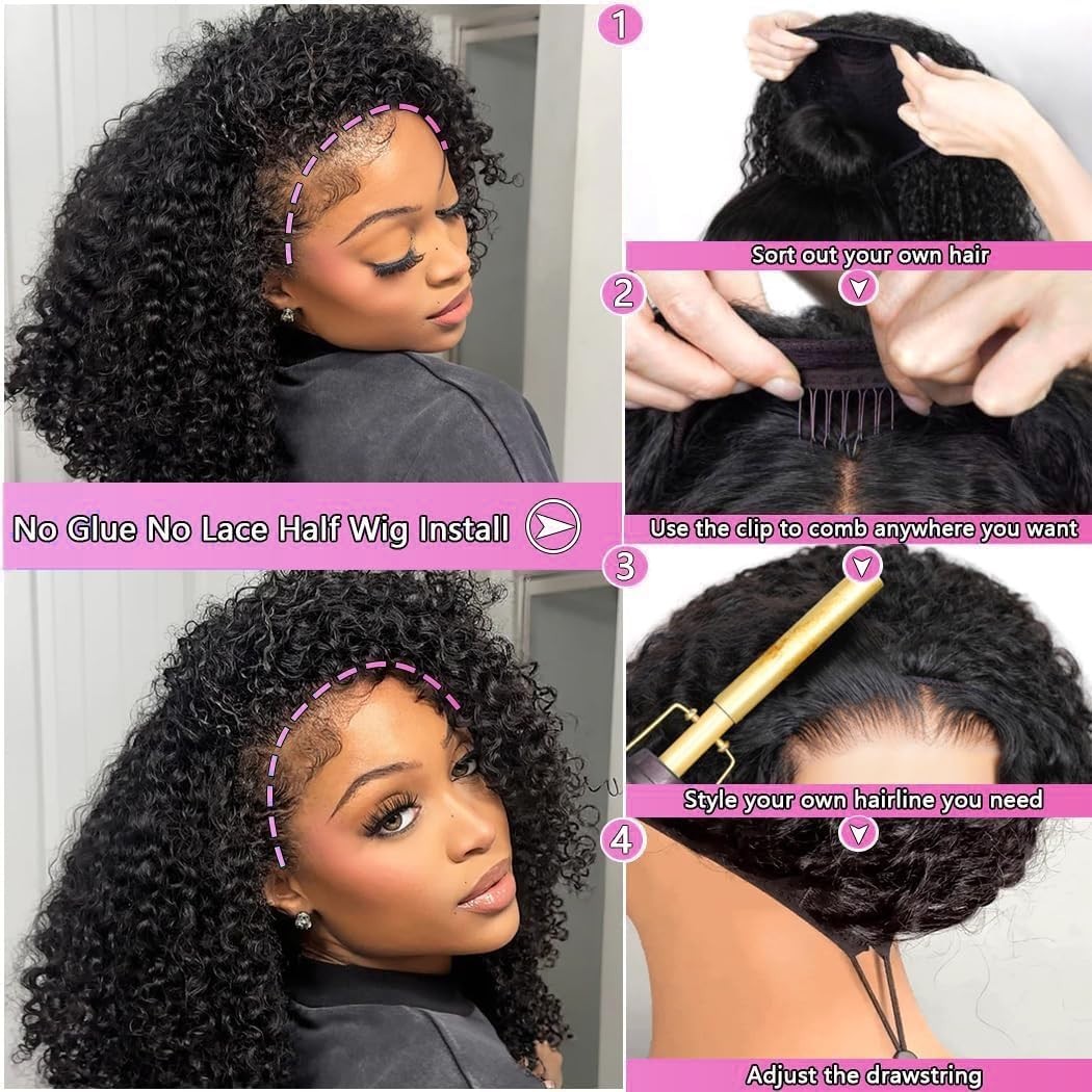 Half Wig Human Hair Kinky Curly 3 In 1 Seamless Flip Over Glueless WigHuman Hair