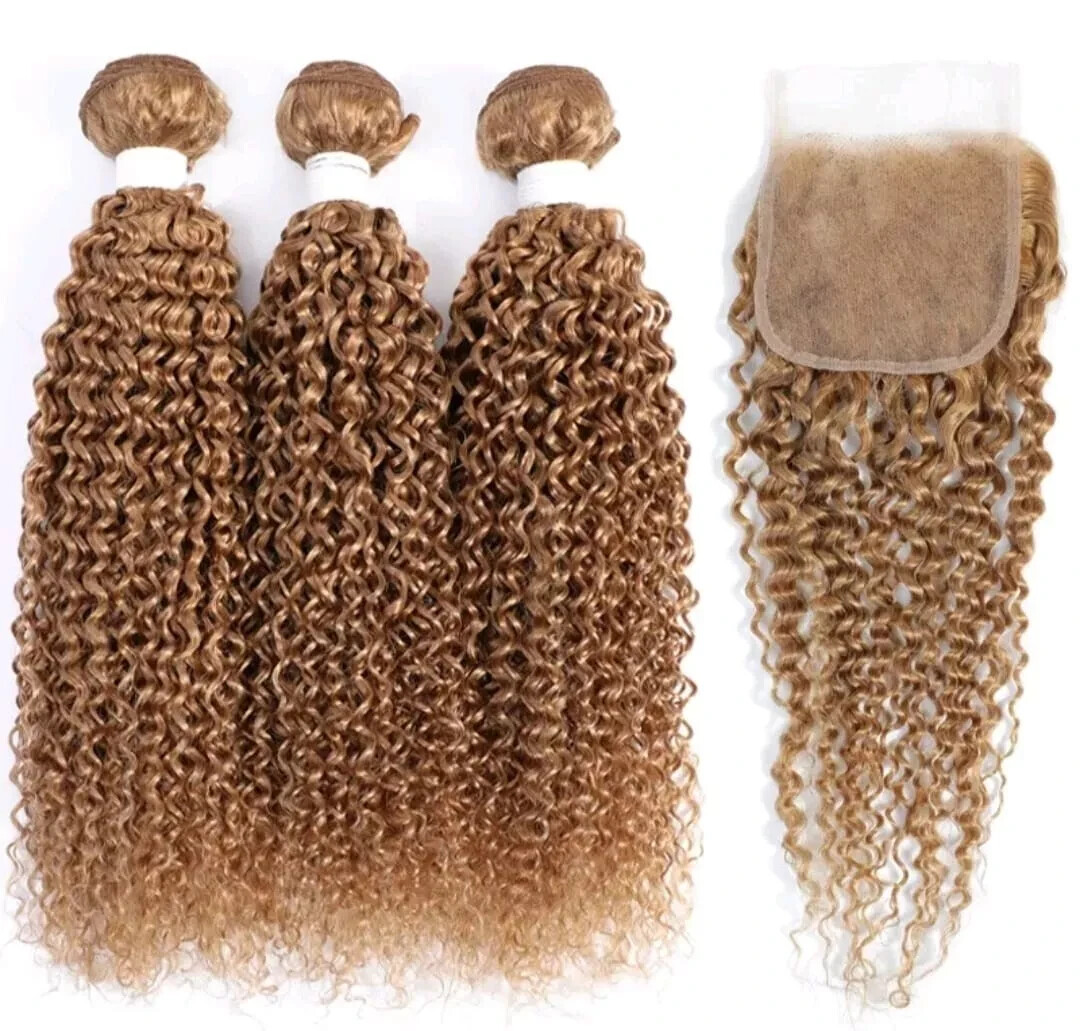 3BUNDLES +CLOSURE 16+18+20&14 PERUVIAN KINKY CURL PURE HONEY BLONDE 27# 350g 12A