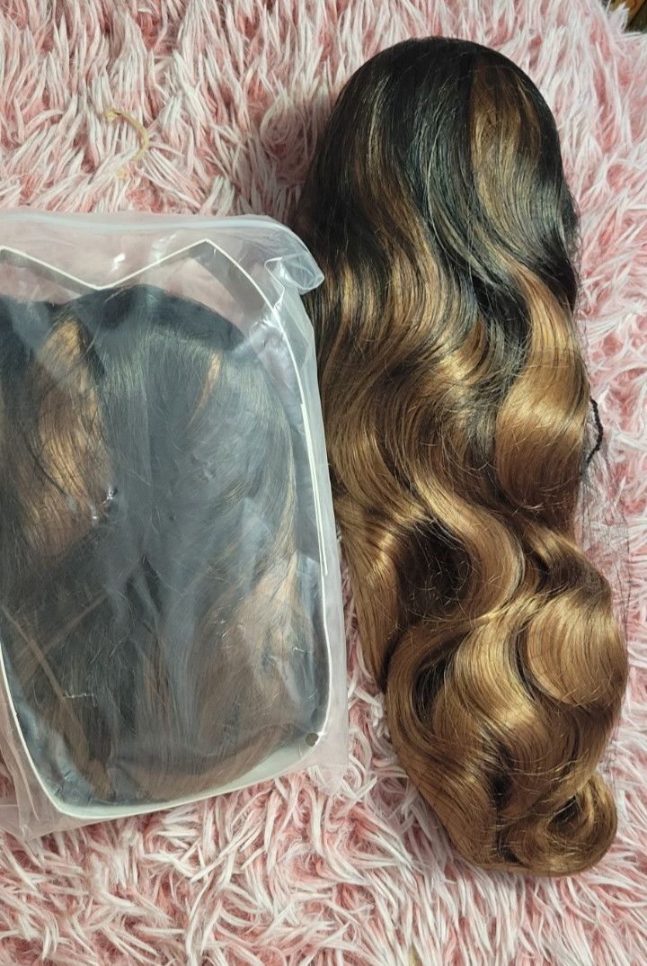 2 Dark Brown Root to Gold Ombre Long Wavy Curly Blonde Wig Women Synthetic Hair