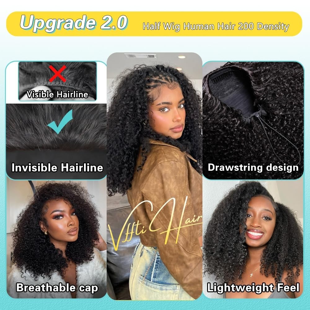 Kinky Curly 18″ Half Wig – 200 Density Drawstring Seamless Glueless Wig for Wome