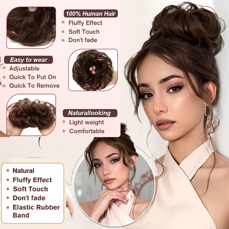 Curly Messy 100% Remy Bun Piece Scrunchie Updo Real Human Hair Extensions Thick