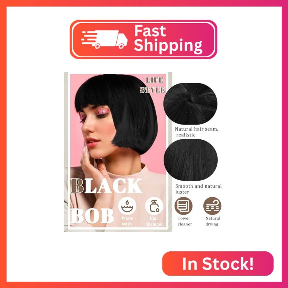LIULIUBTY Black Bob Wig for Women, 10″ Heat Resistant Synthetic Hair, Straight B