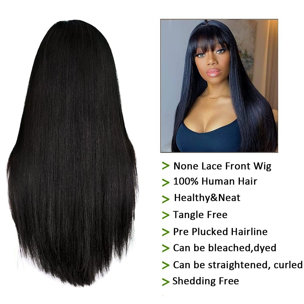Straight Wig Human Hair with Bangs Machine Made Brazilian Virgin Human Hair Wig