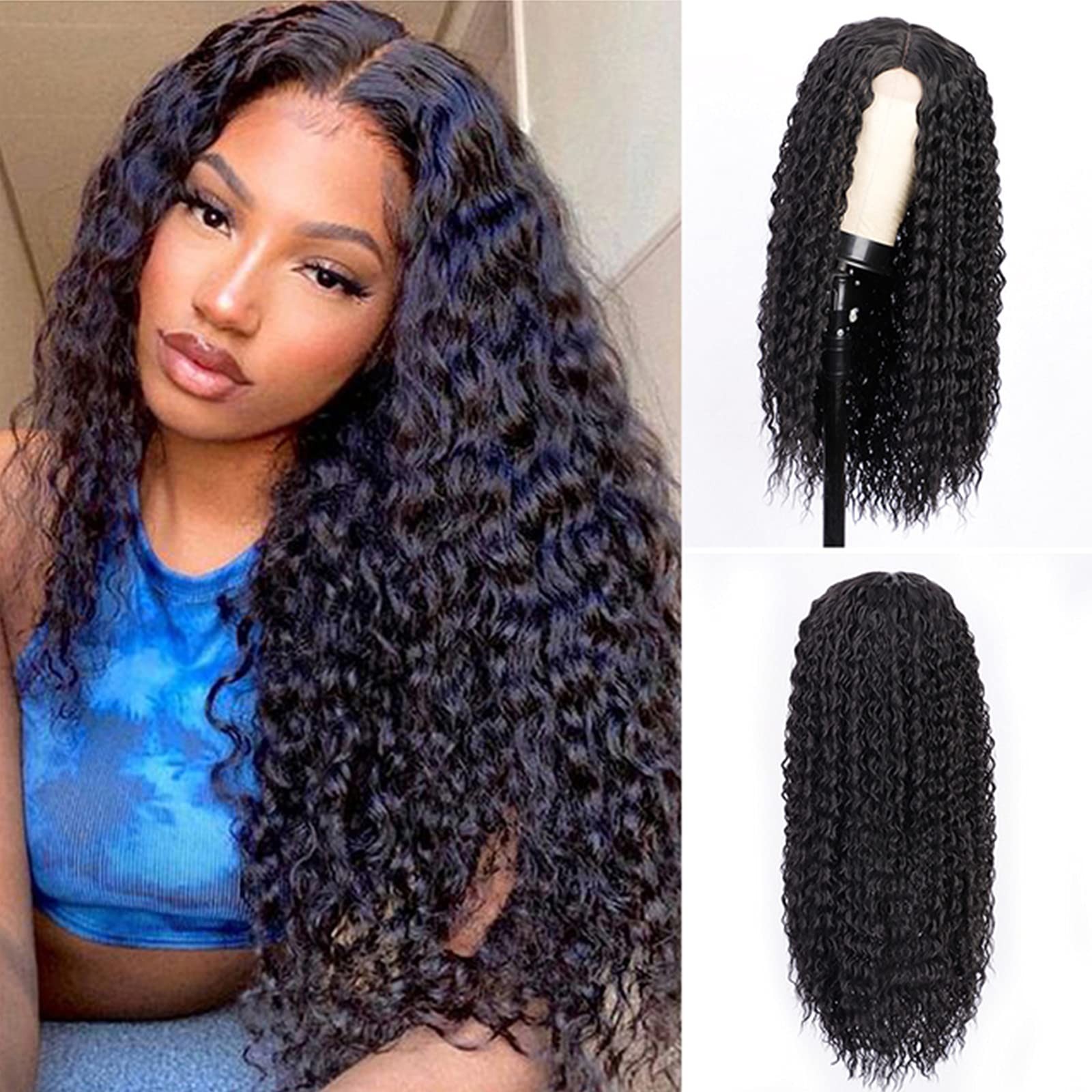Black Wigs for Women, Long Fluffy Natural Wavy Curly Wigs Heat Resistant Synt…
