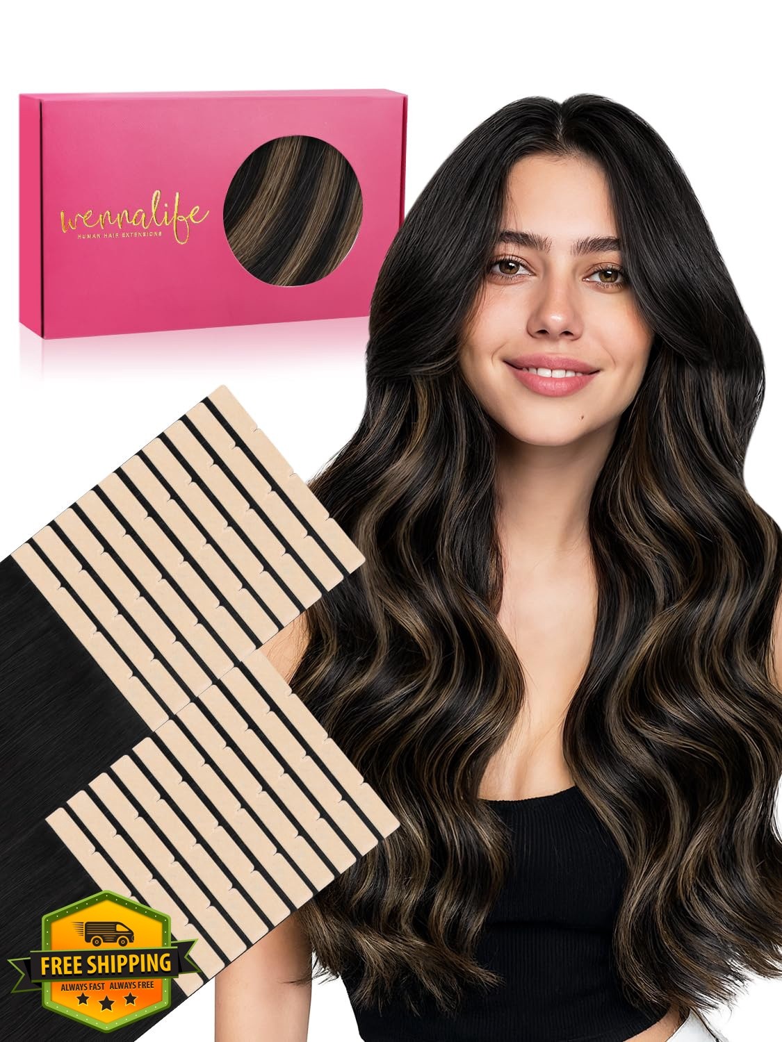 Wennalife 8cm Balayage Black Chestnut Tape Extensions 18 Inch 100g 20pcs