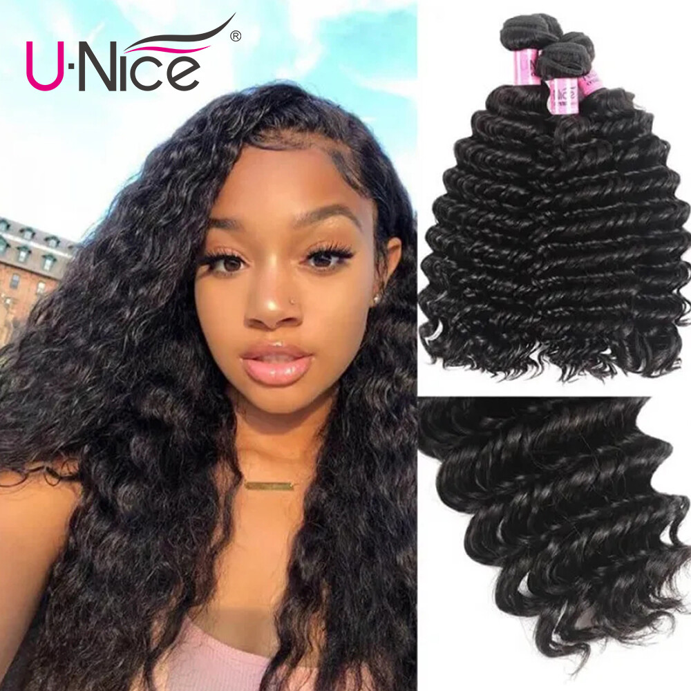 UNice Hair Deep Wave 3 Bundles Human Hair Extension Curly Virgin Hair Weave Weft