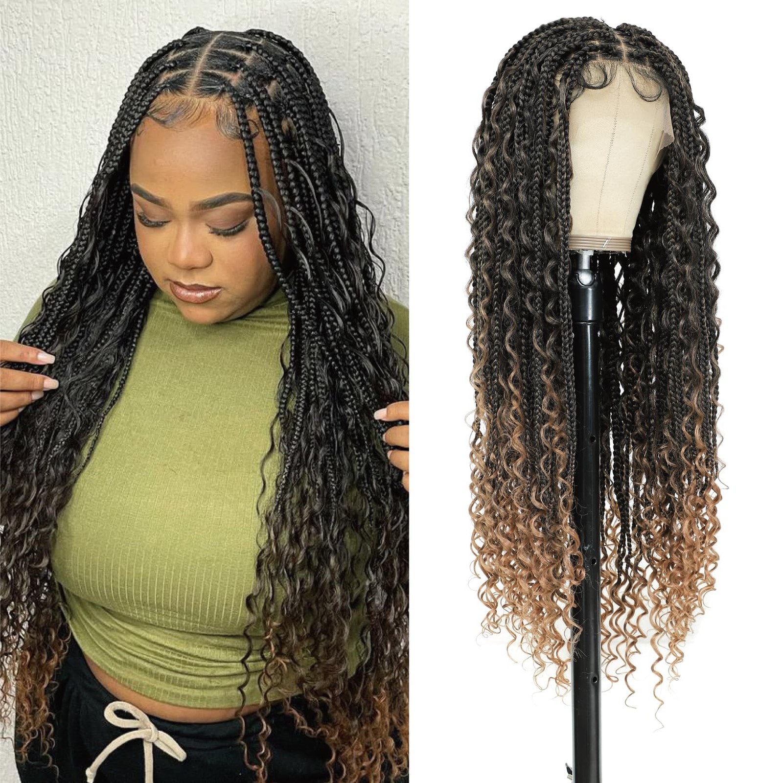 Yacurcur Boho Knotless Braided Wigs For Black Women Bohemian Braided Wigs