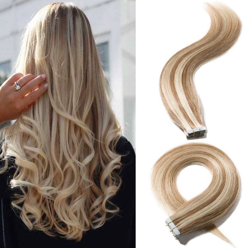 Double Sided Tape in Remy Human Hair Extensions Invisible Skin Wefts Highlight