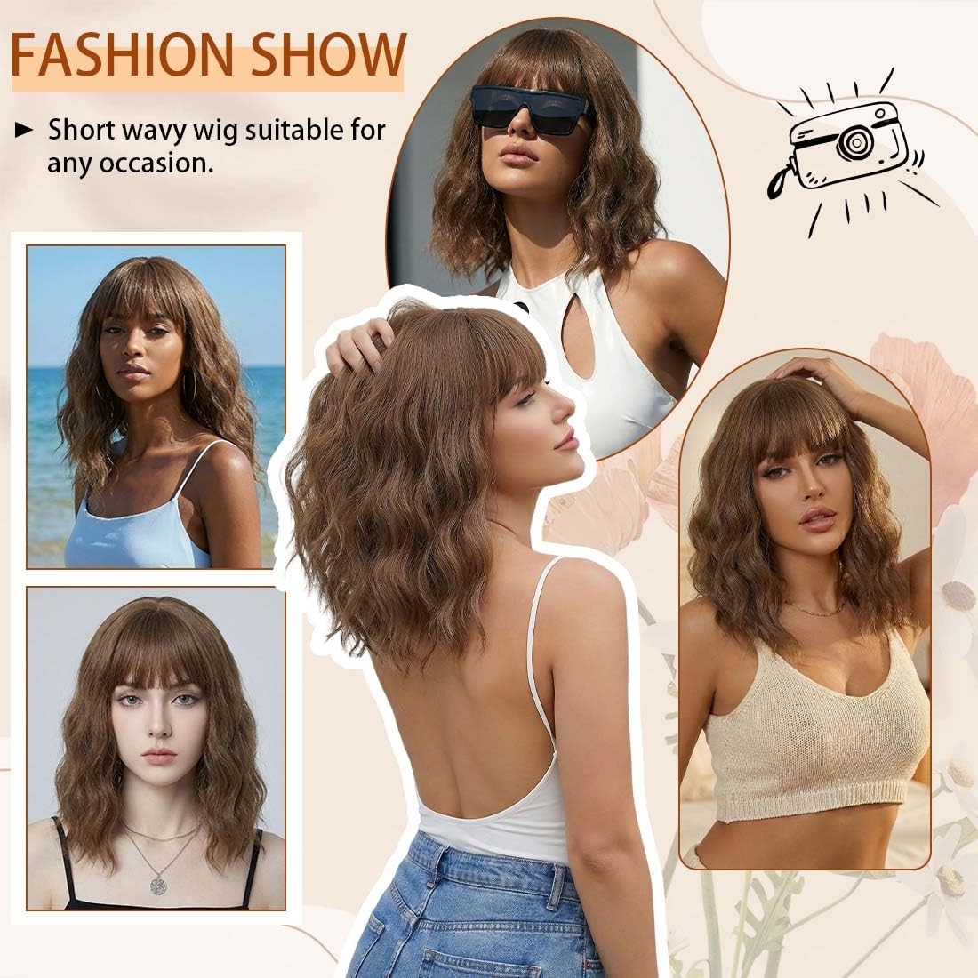 Pastel Brown Wavy Bob Wig Women, Short Shoulder Length Synthetic Wig with Bangs