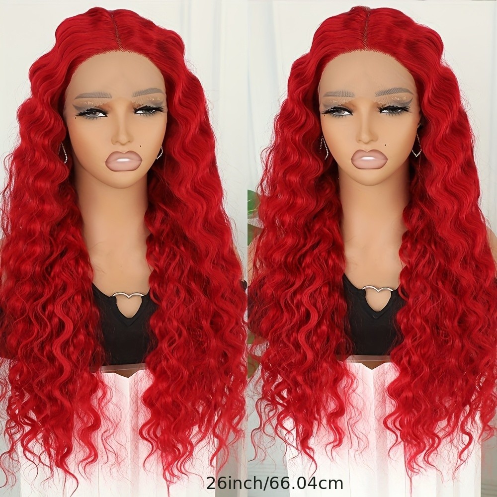 Synthetic Deep Wave Hair 26 Inch Red Color Lace Front Wigs Pre Plucked Hairline