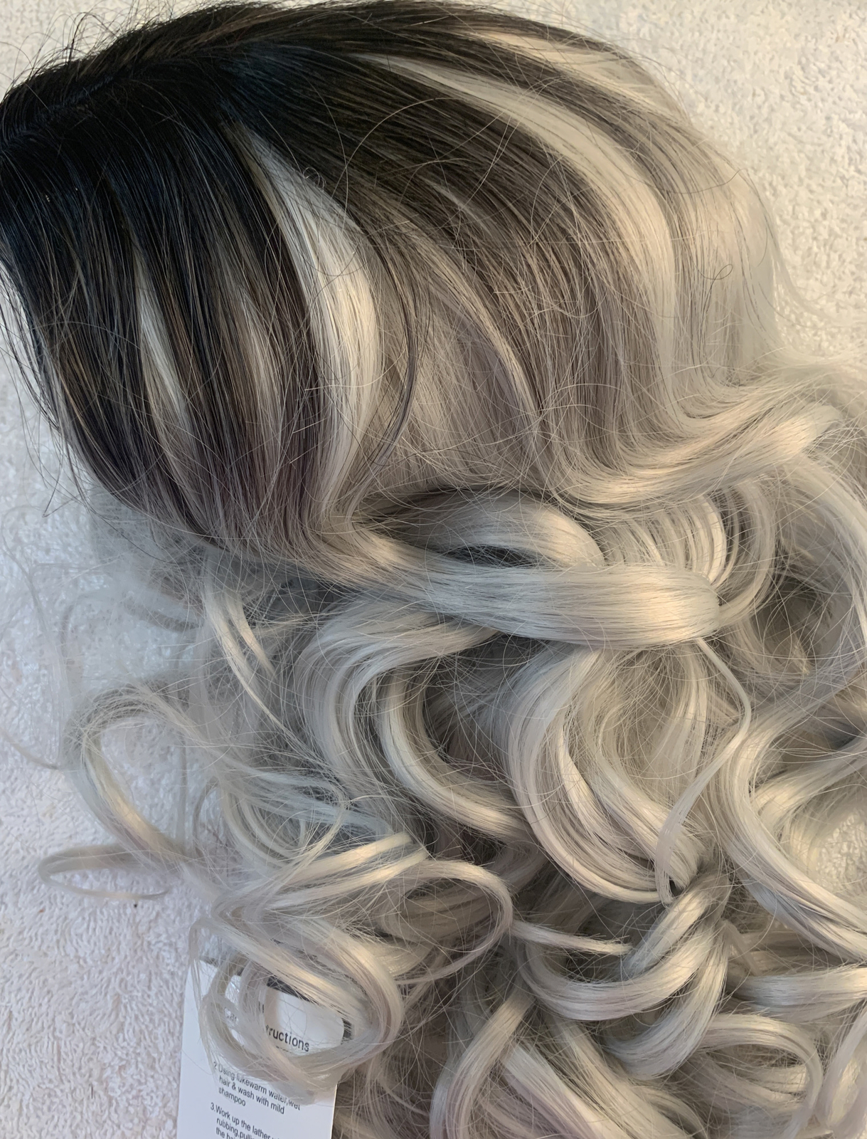 Queentas-Silver Gray Ombre Long Wavy CurlyWig WomenSynthetic Hair PU 20” 1B Gray