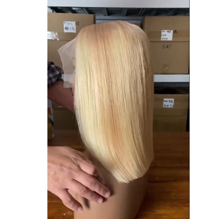 Highlight Blonde Straight Wig 100% Human Hair T Part Lace Frontal Wig Natural