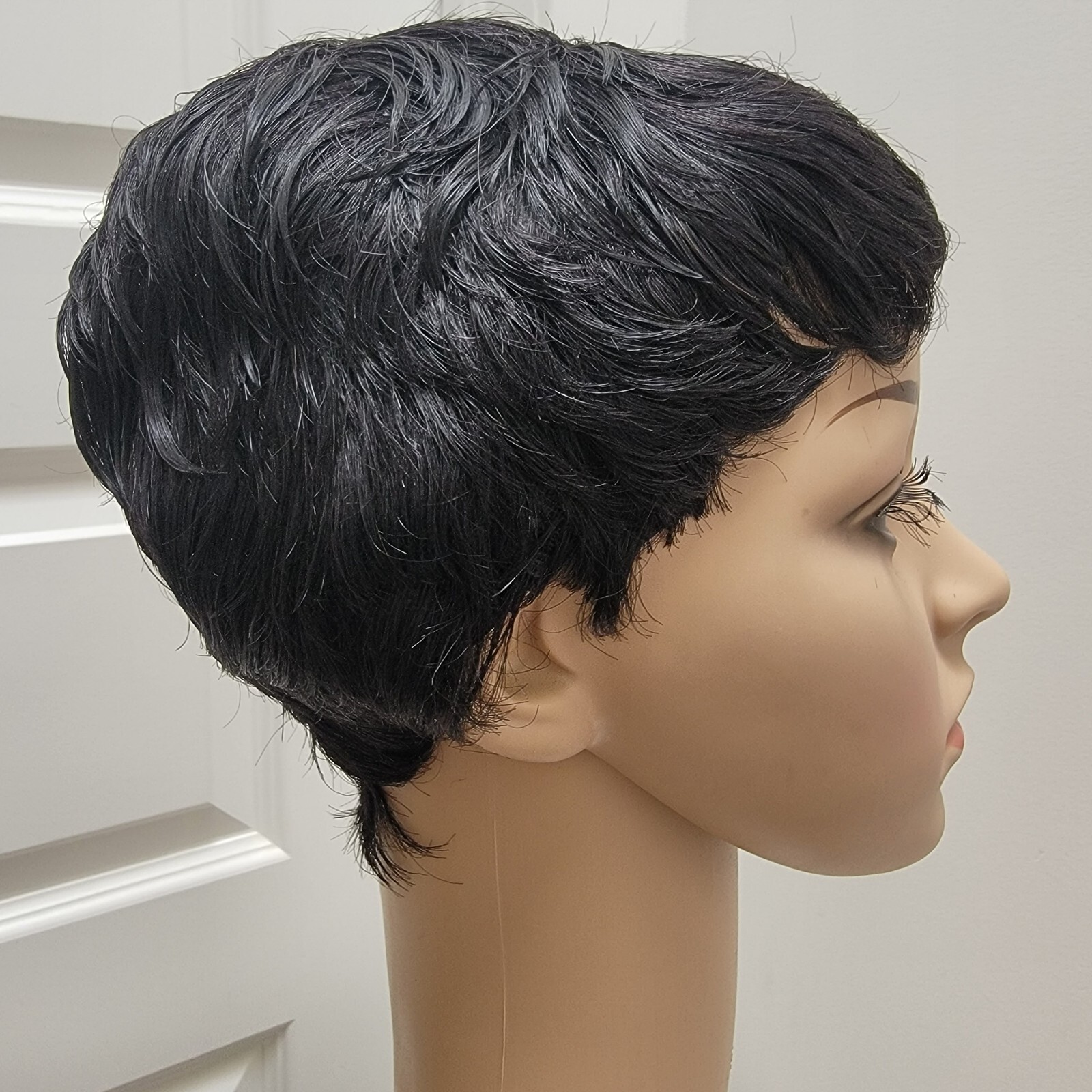 2″ Short Pixie Layer Natural Black Human Hair Classic Cap Wig Women Size M