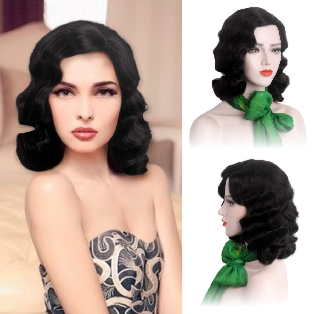 20S Wig for Women Long Finger Wave Party Wig Synthetic black Wigs Vintage Wigs