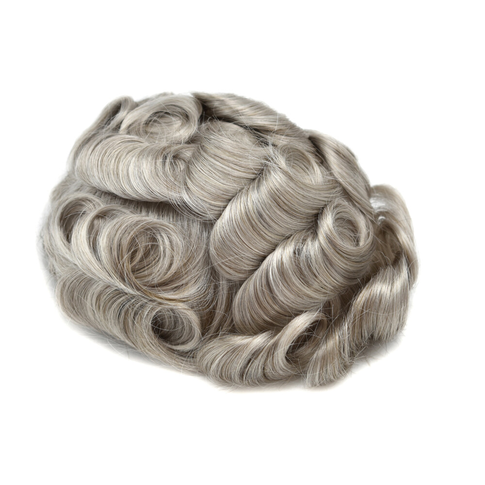 Mens Human Hair Replacement Medium Skin V-loop Scalloped Toupee Hairpiece Wig