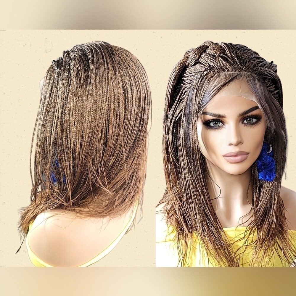 Braided Wig Full Lace Glueless Micro Braids 16” Auburn Ombre Handmade NWT Short