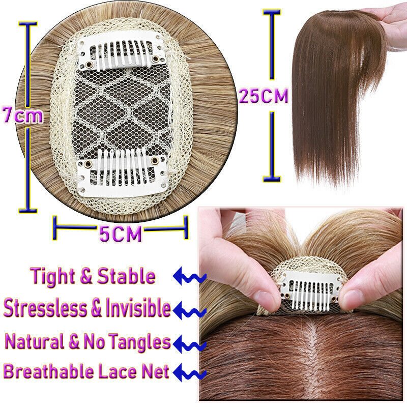 Black 10 inch Short Topper Hairpiece with Bangs Toupee Extension Real as Human