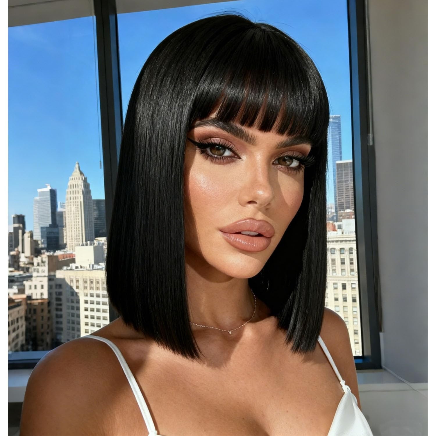 Brazilian Straight wig Short Bob Human Hair Wigs with Bangs No Lace Front Wigs