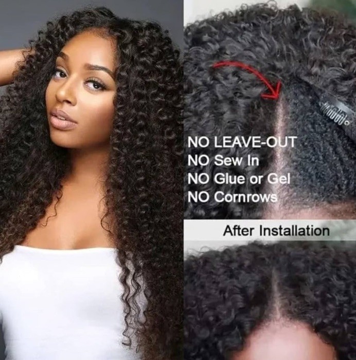 UNICE V Part Curly Human Hair Wig 18” Natural Black 180% Density Glueless U Part