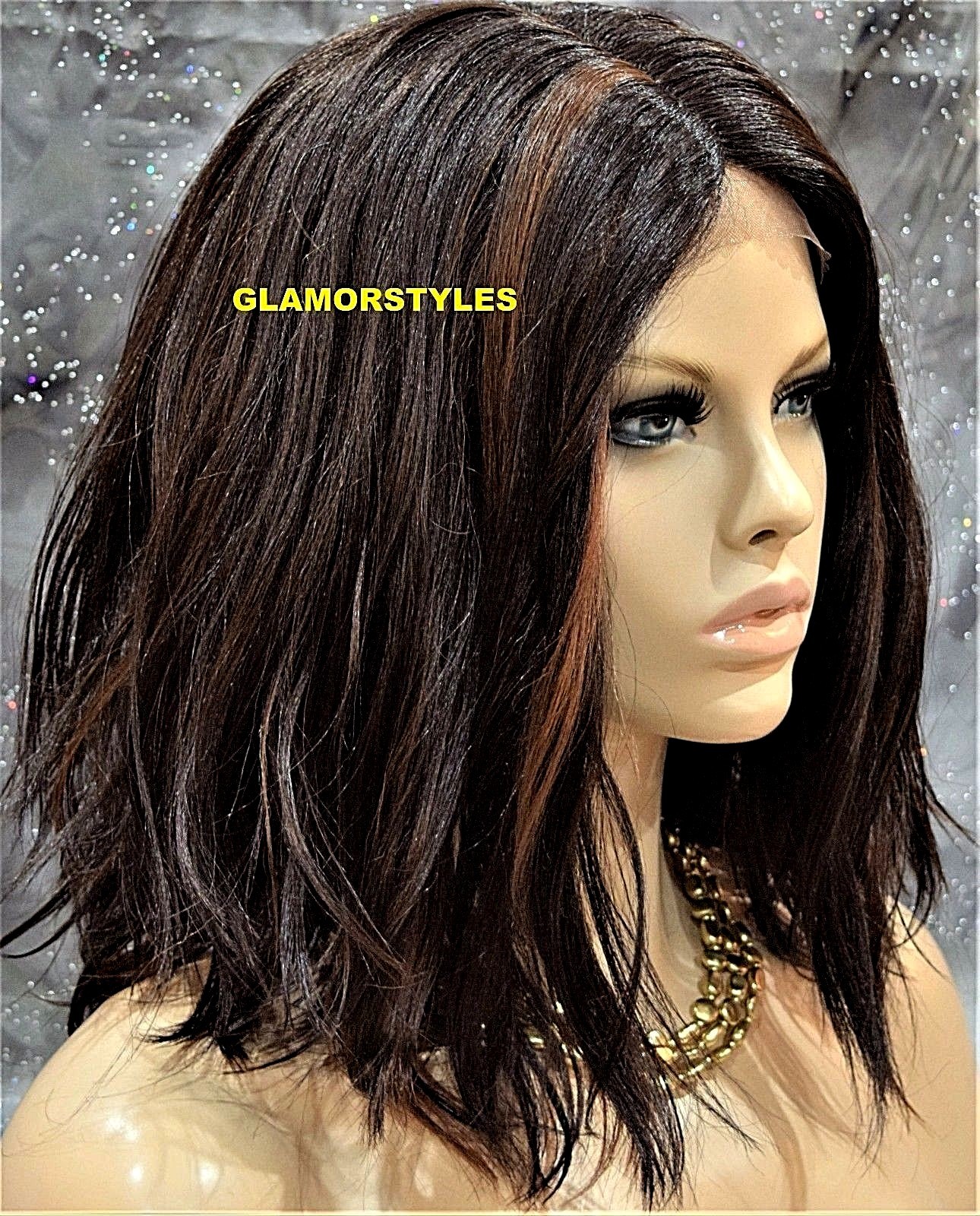 LACE FRONT FULL WIG BOB STRAIGHT LAYERED MIDDLE PART BROWN AUBURN MIX NWT