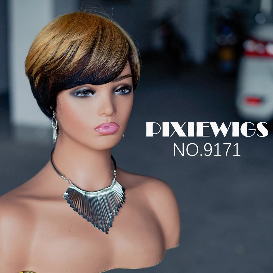 6″ Short Straight Layered Ombre Blonde Pixie Cut Wig Human Hair Wig for Black