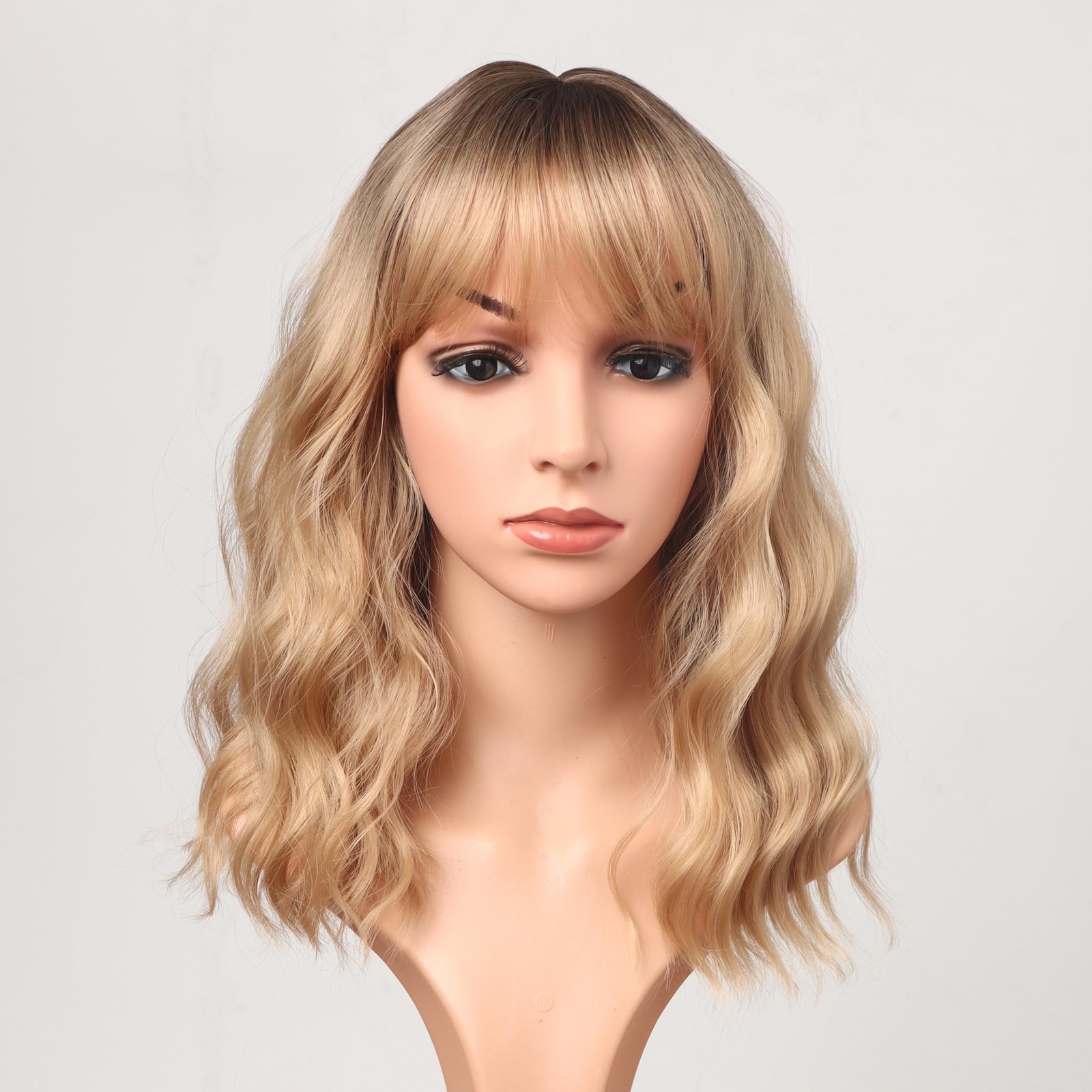 Blonde Wavy Wig with Bangs for Women Shoulder Length Synthetic Wigs Natural W…