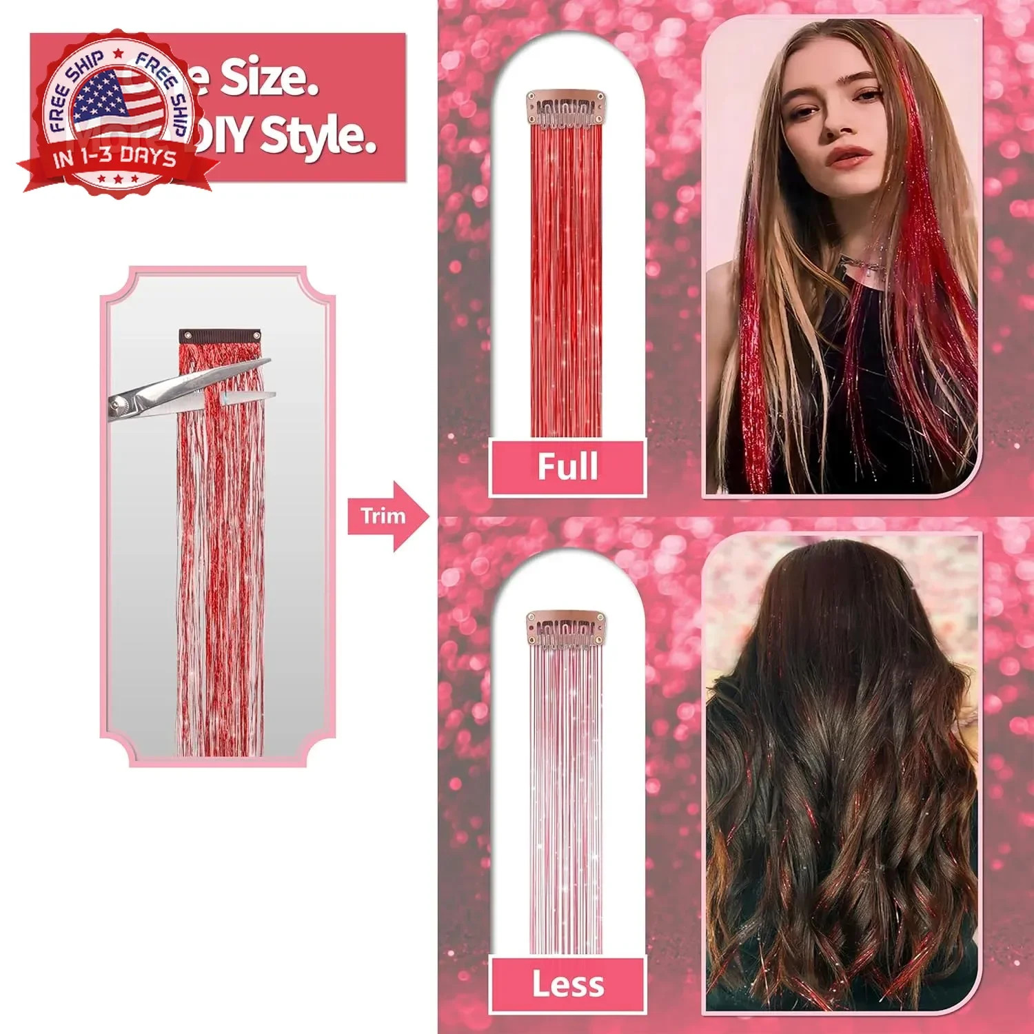 ONROCL Hair Tinsel Clip in Extensions 12Pcs 24 Inch Dreamy Colorful Glitter Hair