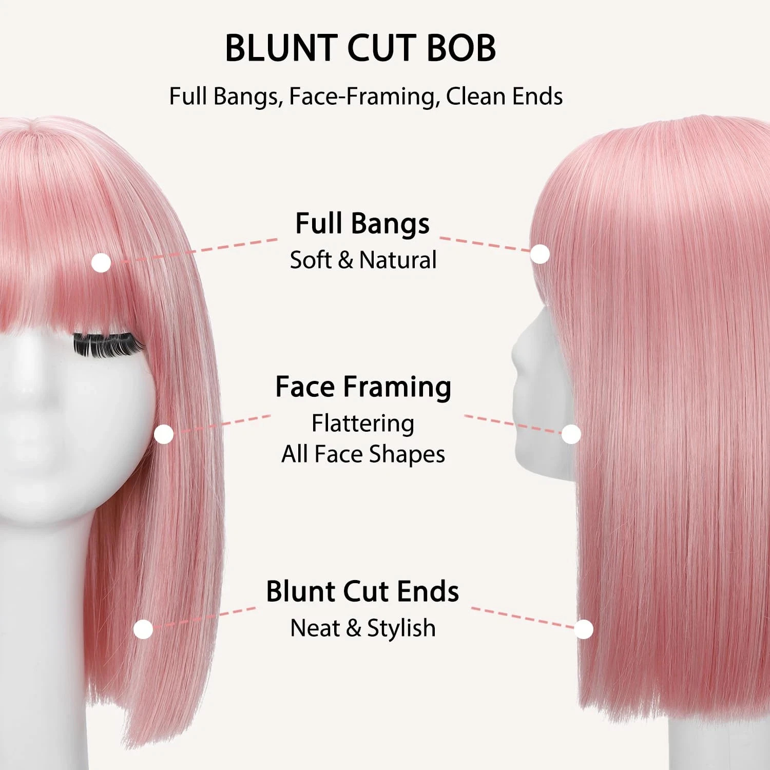 14″ Pink Short Bob Wig with Bangs – Synthetic Cosplay Hair for Women