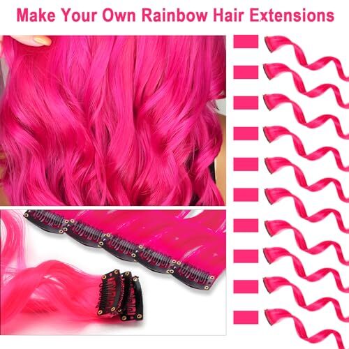 10 PCS Hot Pink Hair Extensions Clip in Kid’s Party Highlights, 10 PCS-Hot Pink