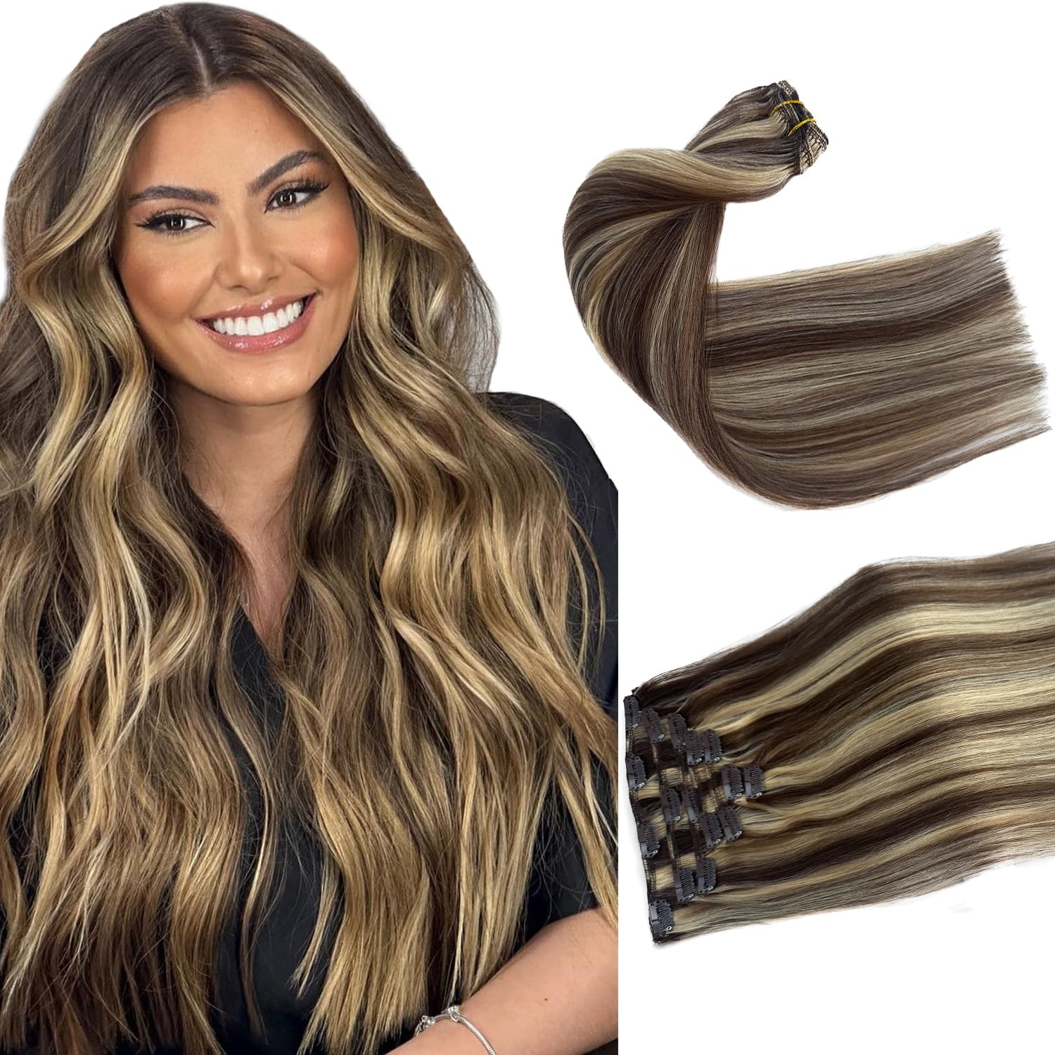 Real Human Hair Clip in Extensions 7pcs 70G 20 Inch #4/613 – Natural Volume