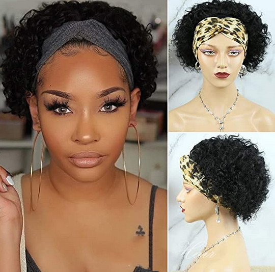 Short Curly Headband Wig 100% Human Hair Pixie Cut Wigs for Black Women Daily