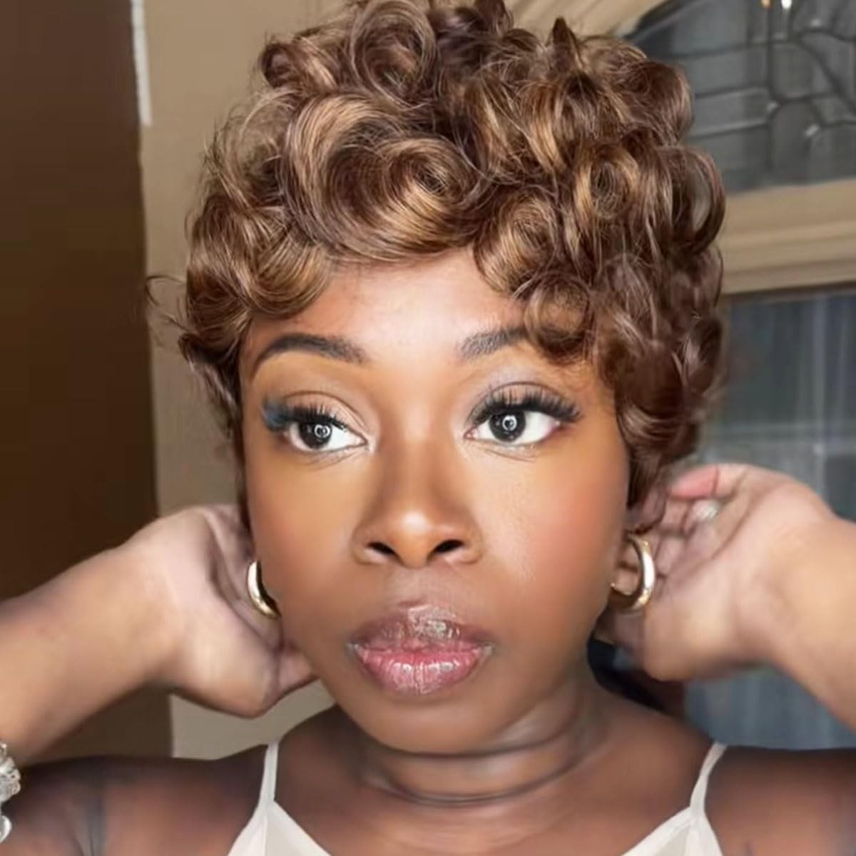Showreal Brown Short Wigs Pixie Cut Curly Wigs For Black Women Pixie Cut Human