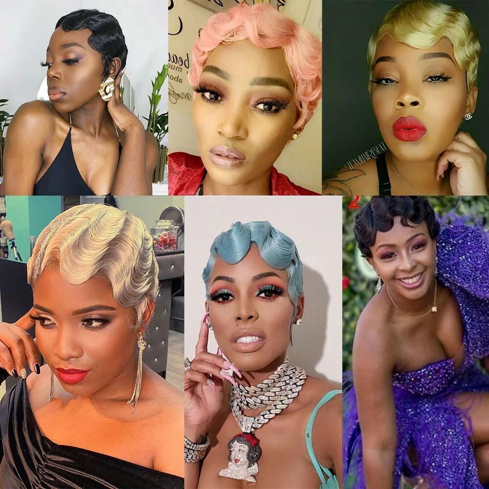 Short Wig Black Brown Curly Wig Finger Wave 100% Human Hair Full Wig Fashion Wig
