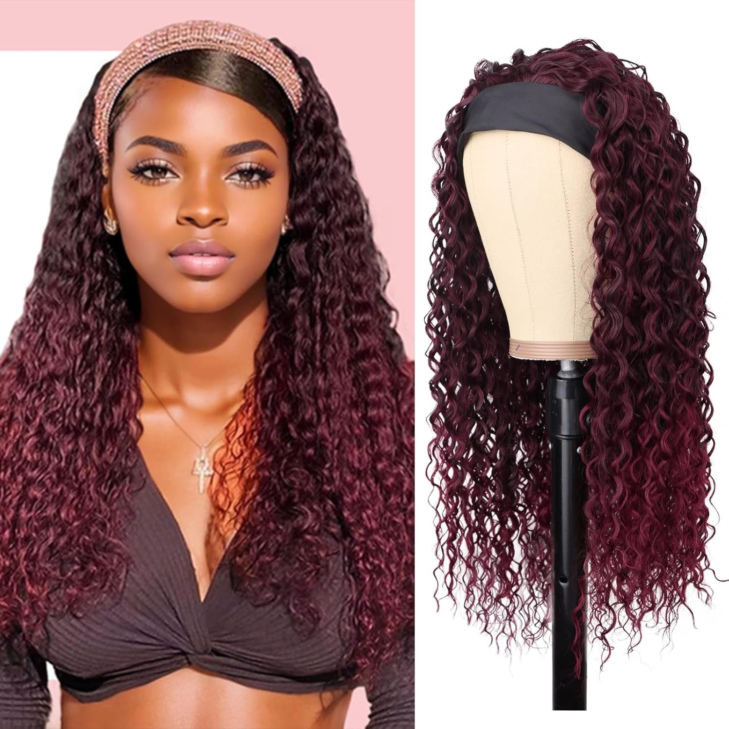 Red Headband Wigs for Black Women Wet and Wavy Headband Wig Ombre Red Curly S…