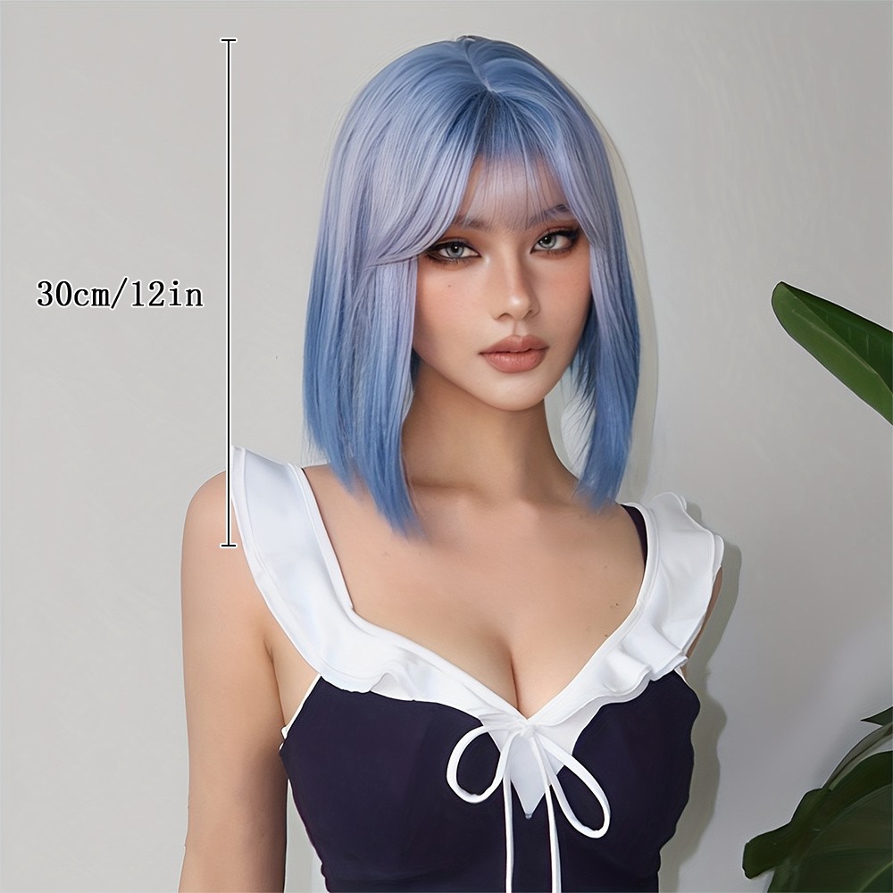 12in Blue Grey Ombre Short Bob Wig Synthetic Hair Wig Fashion Cosplay Hairpiece