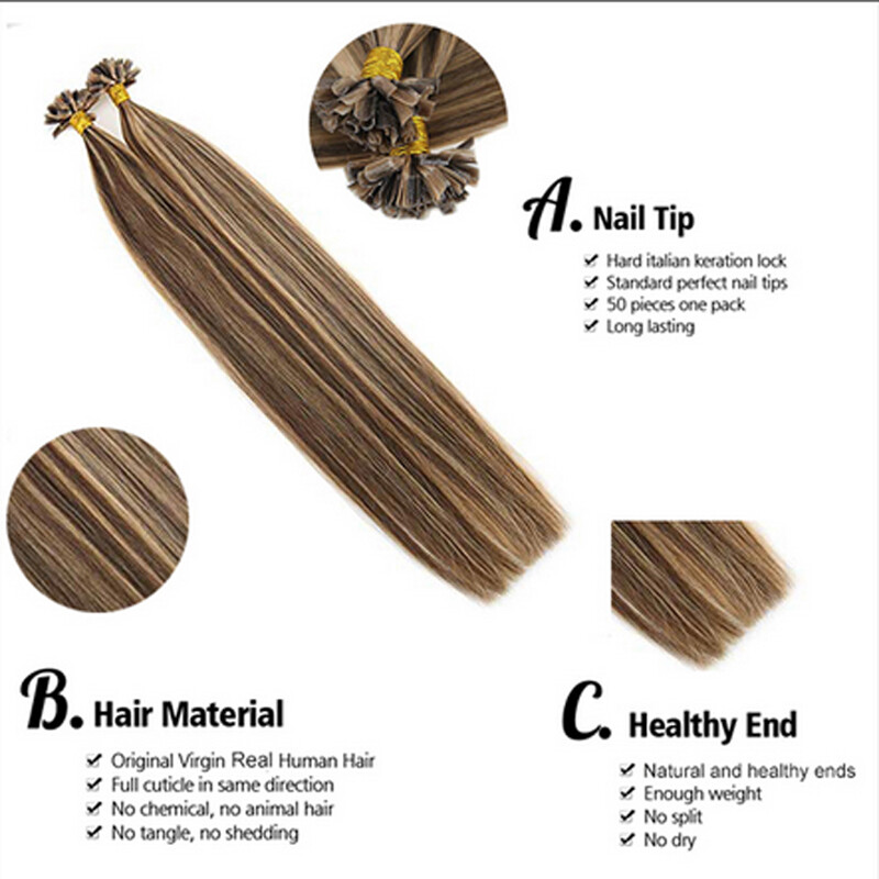 Nail U Tip Extensions 100% Remy Human Hair Keratin Glue Fusion Bonds Highlight