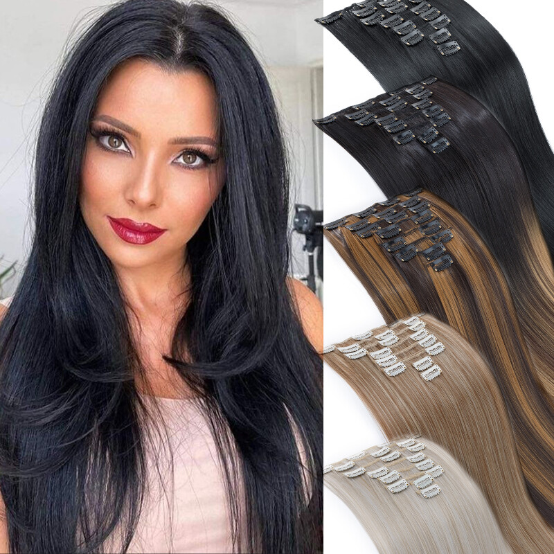 100% Real Natural Full Head Clip in Hair Extensions Synthetic 8Pcs Straight Wavy