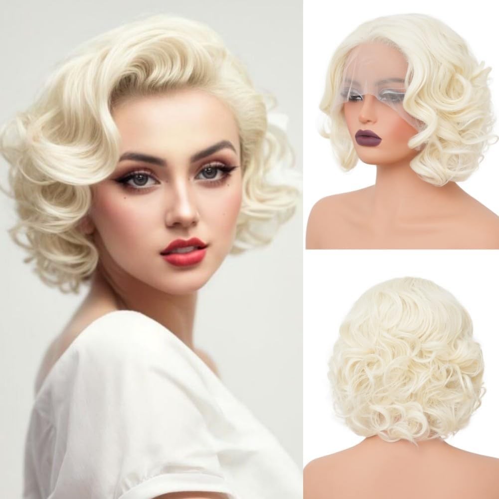 Salaibs Platinum Blonde Short Curly Lace Front Wig for Women, Synthetic